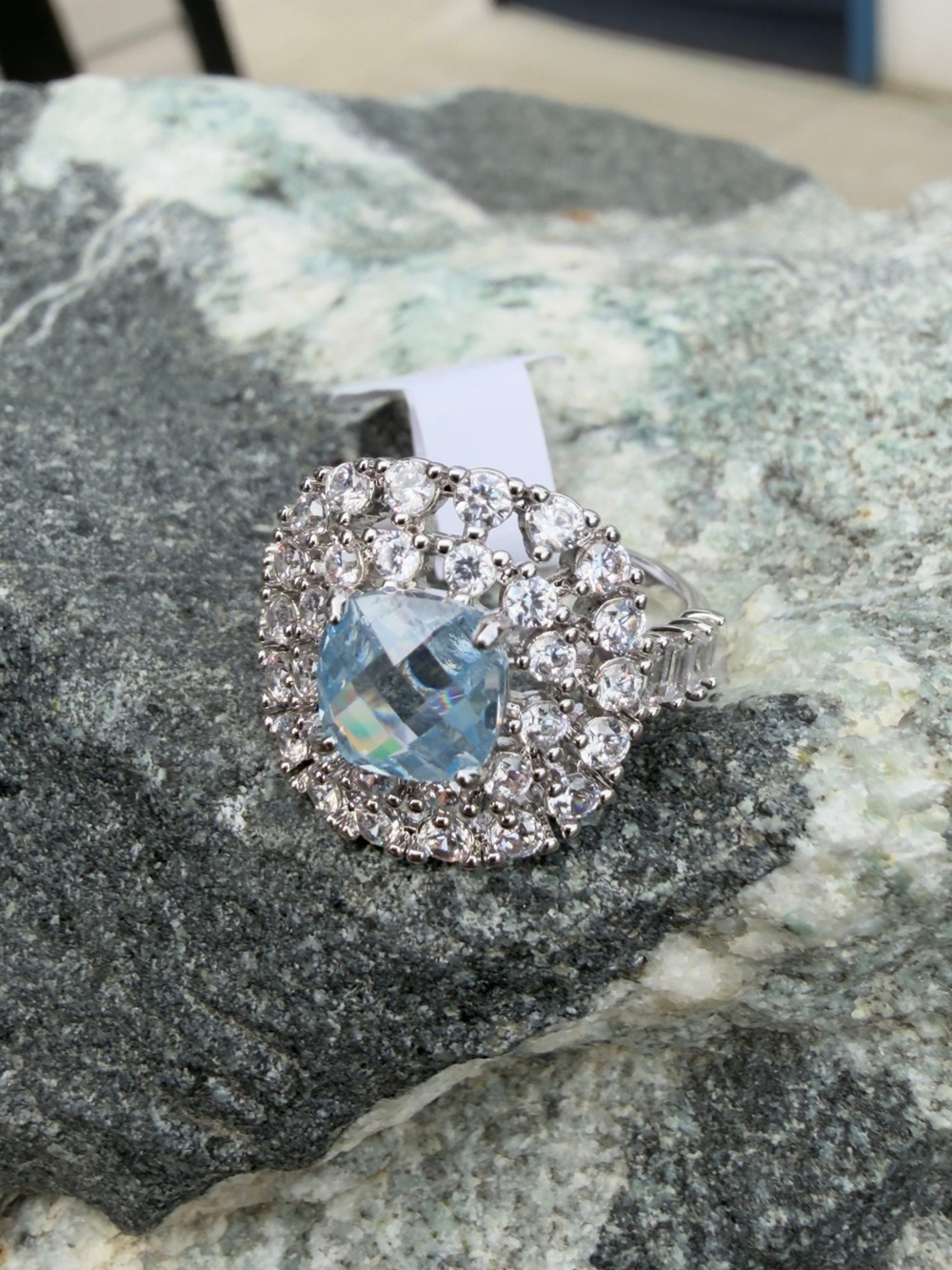 The Celeste Ring Aquamarine Cubic Zirconia Double Halo Statement Ring - Picture 10 of 10